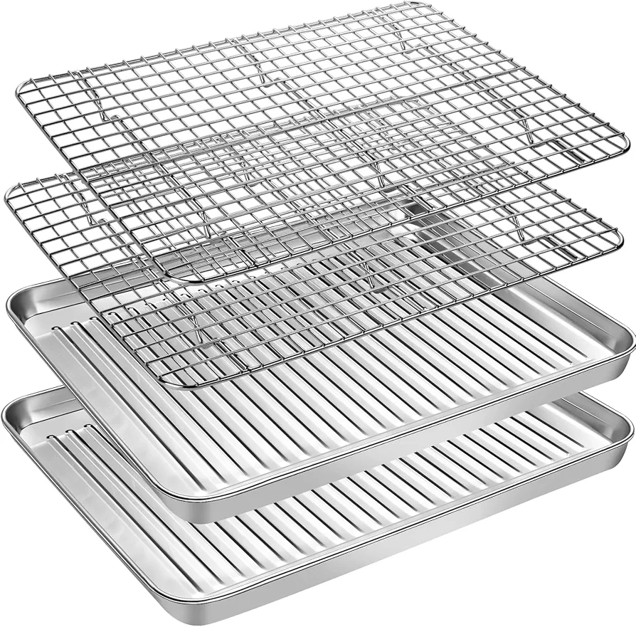 Baking Sheet Tray with Cooling Rack Set (2 Pans + 2 Racks), Stainless Steel Cookie Pan with Cooling Rack For Oven, Nonstick Baking Pan, Warp Resistant & Heavy Duty & Rust Free, Size 10 x 8 x 1 Inches