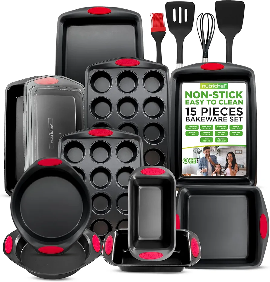 NutriChef 15-Piece Nonstick Baking Pan Set with Utensils - Premium Carbon Steel Bakeware, Includes Cookie Sheets, Muffin & Loaf Pans, Round & Square Pans, Roaster Pan w/Lid - Black