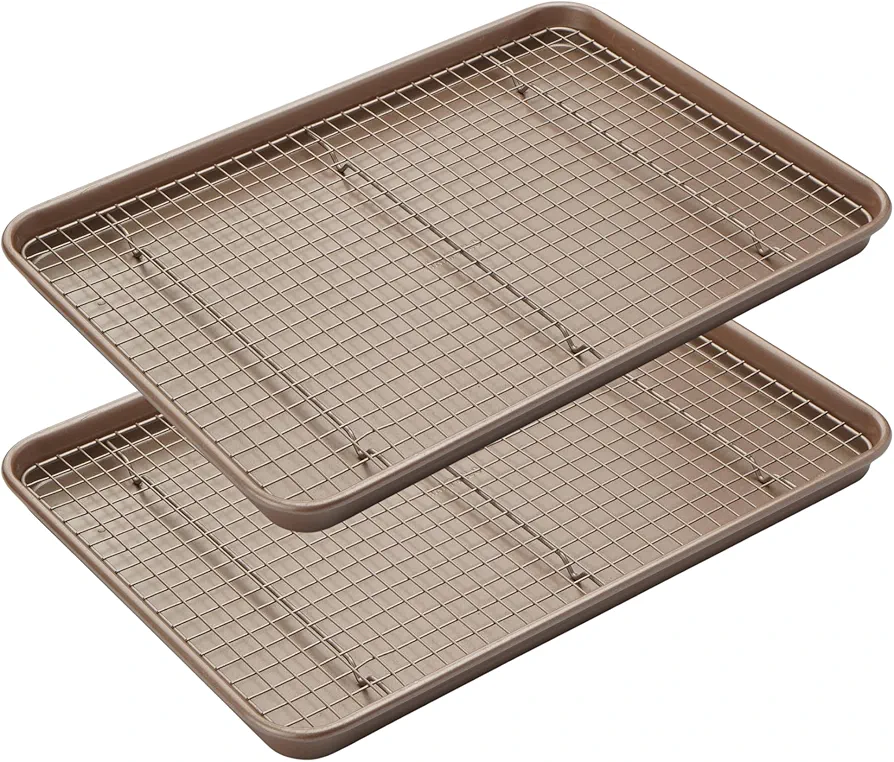 Non-Toxic Nonstick Bundle of 2 items: 10 x 15 inch Sheet Set of 2 with Oven Safe Cooling Rack Set of 2 | Cookie Sheet Pan Set with Baking Cooling Wire Rack Set