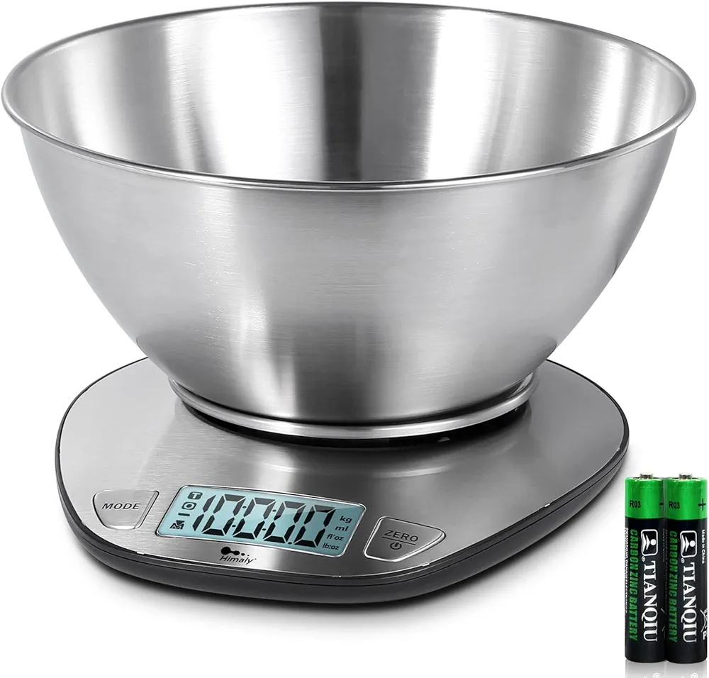himaly Food Scale - Digital Kitchen Scale with Bowl & LCD Dipslay Scale Weight Grams and Oz for Cooking, Baking, and Meal Prep, Stainless Steel Silver