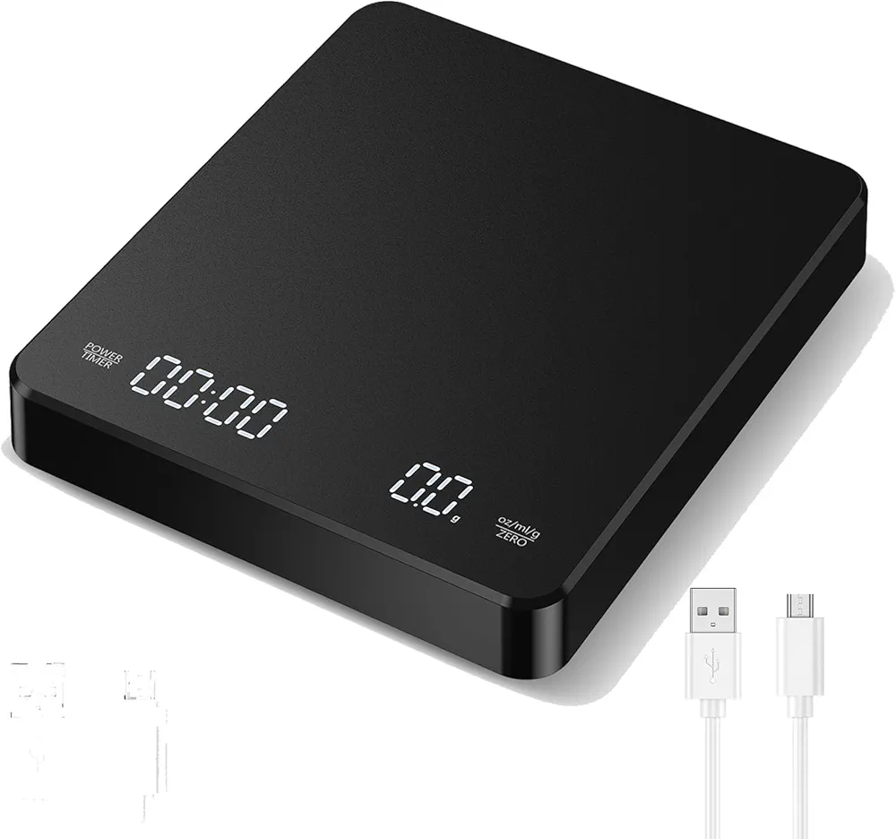 Digital Coffee Scale with Timer, Drip Espresso Scale 3kg/0.1g High Precision, Rechargeable Portable Espresso Scale, Black