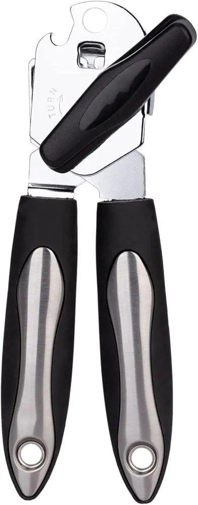 Manual Can Opener Smooth Edge Good Grips Stainless Steel Rust Proof Sharp Blade Heavy Duty Can Top Remover for Seniors with Arthritis and One handed Person, Black