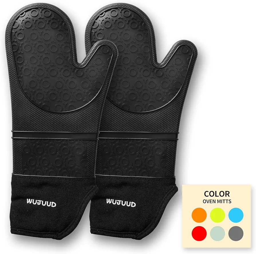 WUJUUD Extra Long Silicone Oven Mitts, Cooking Baking Gloves, Heat Resistant, Non-Slip Grip, Soft Interior, Waterproof, Easy Cleaning, Black, 2 Pieces Set