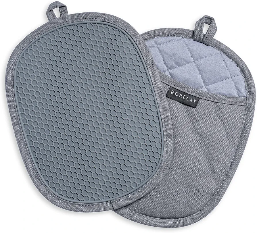 Rorecay Silicone Pot Holders Sets: Heat Resistant Oven Hot Pads with Pockets Non Slip Grip Large Potholders for Kitchen Baking Cooking | Quilted Liner | 9.8 x 7.6 Inches | Gray | Pack of 2