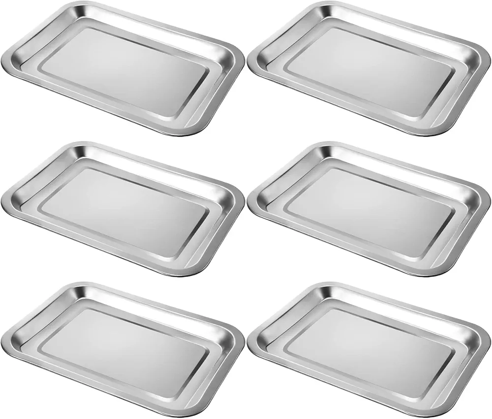 6 Pack Stainless Steel Tray Sturdy Baking Pans Metal Tray Baking Sheets Safe Cookie Sheet Toaster Oven Pan Rectangle 10.4 x 7.6 x 0.7 Inch for Kitchen Cooking, Easy Clean