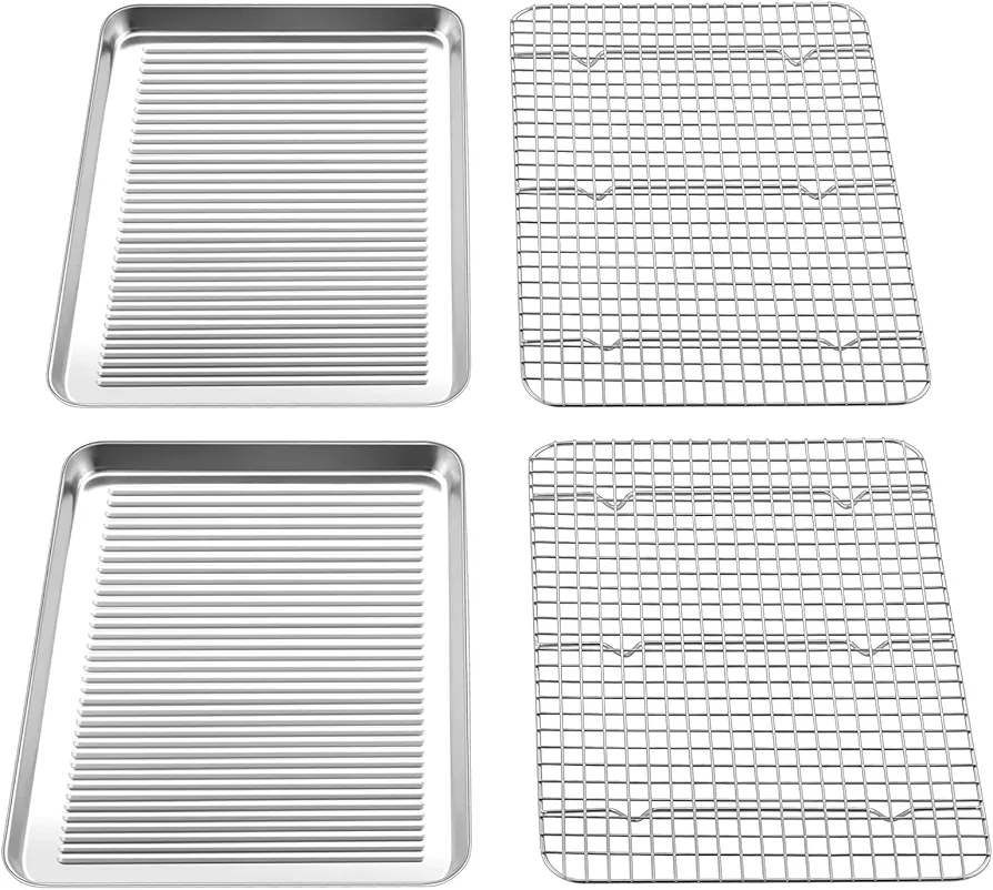 TeamFar Baking Sheet and Cooling Rack Set, 16 x 12 x 1 inch Stainless Steel Baking Pan Cookie Sheet with Grid Rack for Kitchen Cooking Roasting, Healthy & Non-toxic, Dishwasher Safe (2 Pans+2 Racks)