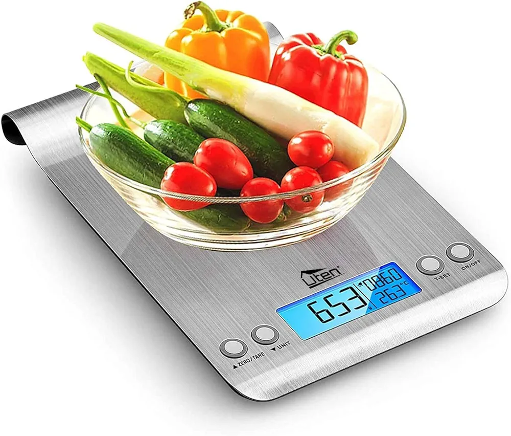 Uten Digital Kitchen Scale Ultra Slim Multifunction Stainless Steel Hook Design Food Scale 11lb 5kg With Back-Lit LCD Display Fingerprint Resistant Coating Battery included