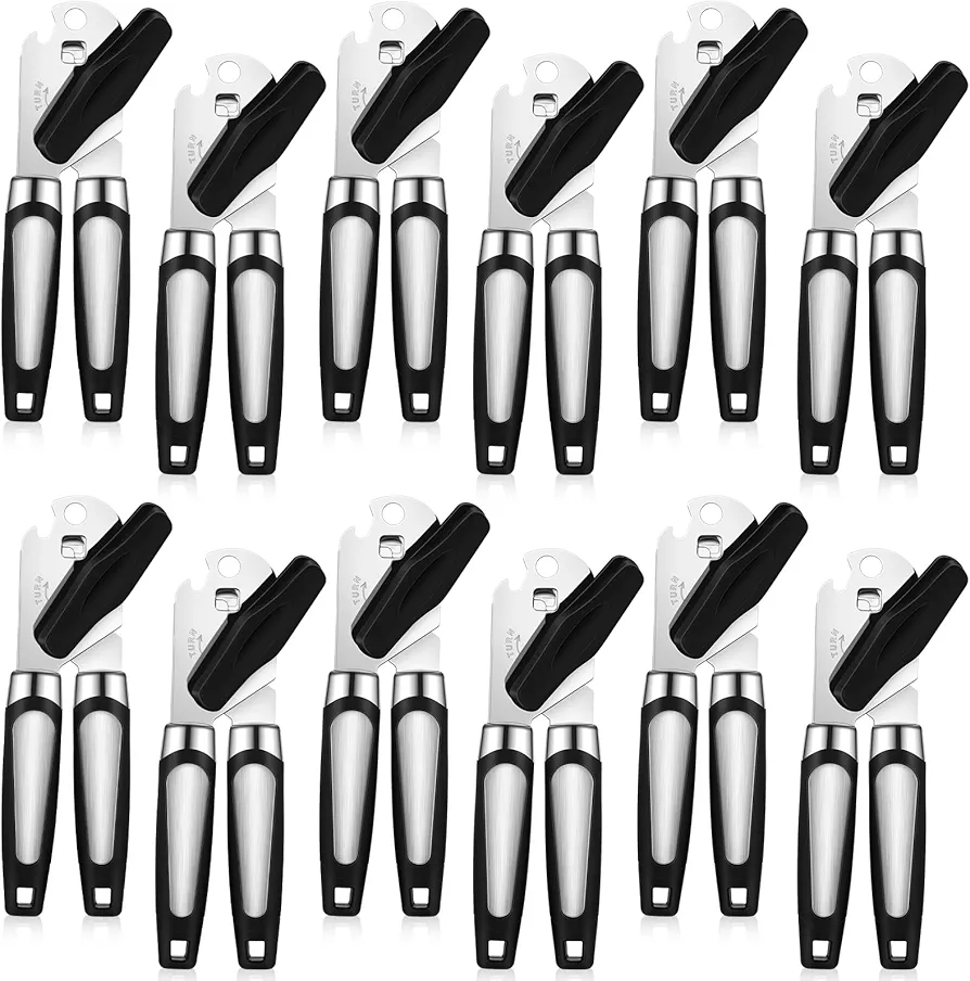 Gisafai 12 Pcs Can Opener Multifunctional Tin and Can Opener Manual Smooth Edge with Sharp Blade Hand Held Can Opener Soft Grip Handle Bottle Opener Quick Opening Tool with Large Turn Knob
