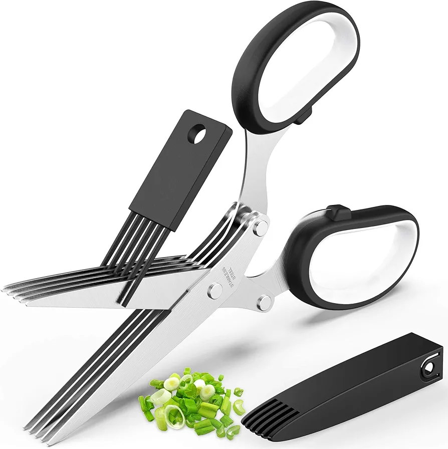 Herb Scissors Set - Updated 2024 Cool Kitchen Gadgets for Cutting Fresh Garden Herbs - Herb Cutter Shears with 5 Blades and Cover, Sharp and Anti-rust Stainless Steel, Dishwasher Safe (Black-White)