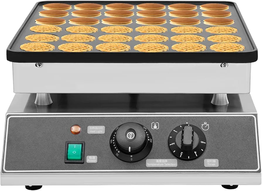 36-Hole Non-Stick Mini Dutch Pancake Maker with Adjustable Temperature Control, Non-Stick Plate and Cool-Touch Handle, Stainless Steel