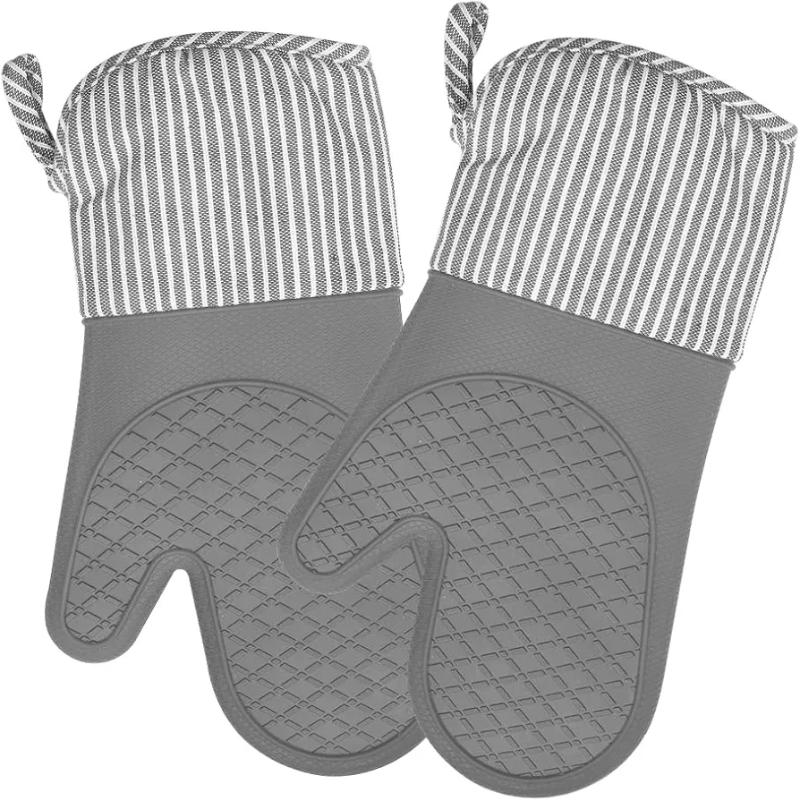 MIJOTEX Heat Resistant Silicone Oven Mitts Silicone Gloves- Set of 2 Extra Long Quilted Liner,1 Pair,13 inch(Grey)