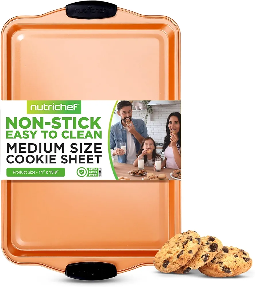 Nutrichef 15” Nonstick Cookie Sheet for Baking - Premium Grade Carbon Steel Non-Stick Baking & Roasting Pan w/ Silicone Handles - Dishwasher Safe, Copper