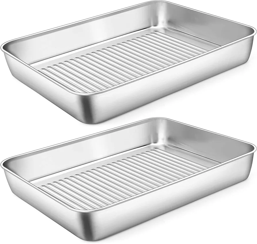 12.4 Inch Deep Baking Pan Set of 2, P&P CHEF Stainless Steel Sheet Cake Lasagna Pan for Toaster Oven, Rectangle Baking Trays for Cookie, Corrugated Bottom & Heavy Duty, Non-Toxic & Dishwasher Safe