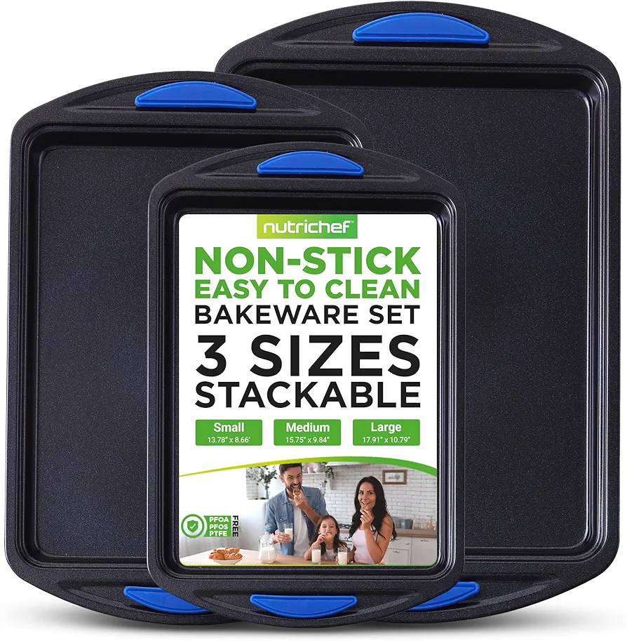 NutriChef 3-Piece Nonstick Baking Pans Set - Premium Oven Bakeware with Silicone Handles, Non-Stick Heavy Duty Carbon Steel - Stackable & Easy to Clean, Ideal for Roasting & Baking - Blue, NCBK3S