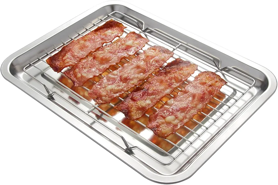 14" x 10.4" Stainless Steel Bacon Cooker Pan Set for Oven Premium SUS 304 Stainless Steel Crispy Bacon Baking Sheet with Cooling Rack for Bacon Cookie Meat Dishwasher Safe