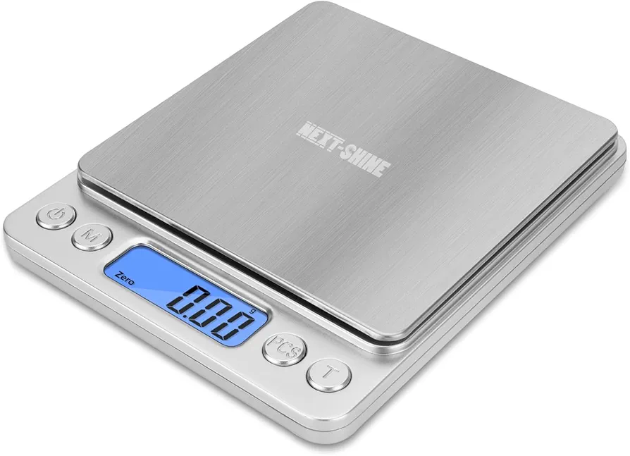 NEXT-SHINE Gram Scale, Digital Pocket Scale Portable Mini Size 500g x 0.01g with Back-Lit LCD Display Stainless Steel Platform Grams Ounces for Coffee Brewing Jewelry Cooking Baking