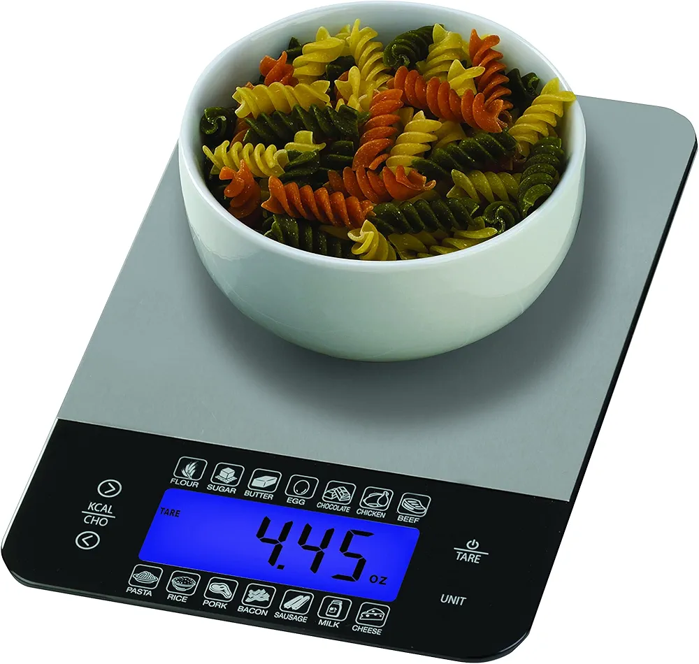 SmartHeart Digital Kitchen Food Scale with Calorie & Carb Calculator Stainless Steel | Precision Measurements | Unit conversions: oz, lbs, g, ml | 14 pre-Set Foods