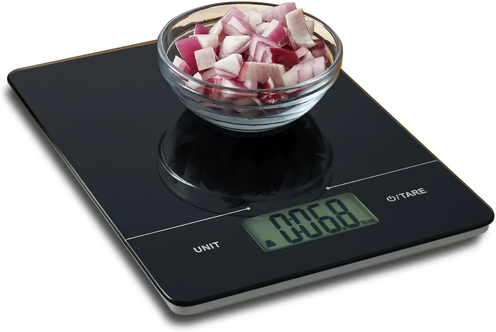 Digital Food Scale, Tempered Glass Slimline Digital Scale, 11 lb Kitchen Scale, Large LCD Display, 1g/0.1oz Precise Graduation, Black