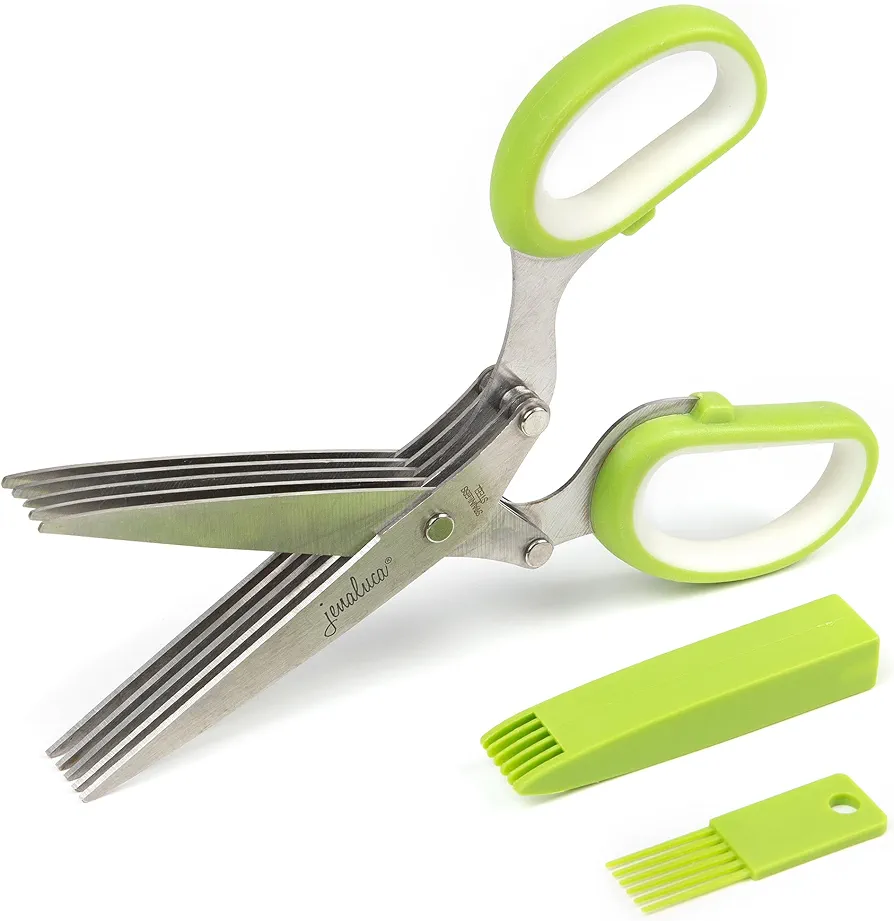 Jenaluca Herb Scissors with 5 Blades and Safety Cover - Salad Scissors - Cut, Chop & Mince Fresh Herbs & Leafy Greens - Stainless Steel Kitchen Shear Set with Cleaning Comb Kitchen Essential - Green
