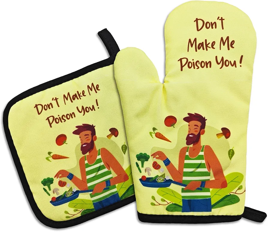 Funny Oven Mitts and Pot Holders（Set of 2） Don't Make Me Poison You Silicone Non-Slip Oven Mitts Adult Humor Heat Resistant Mitts with Hanging Loop Funny Birthday Gift for Family Friend Chef