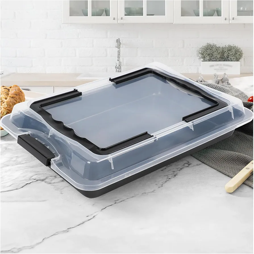 Ceramic-Coated Non-Stick Baking Pan with Carry Lid, 17inchx12inch Rectangular Cookie Sheets for Baking, Easy to Clean, Ovan Safe Baking Tray, Ideal for Party, and Outdoor Picnics (Black)