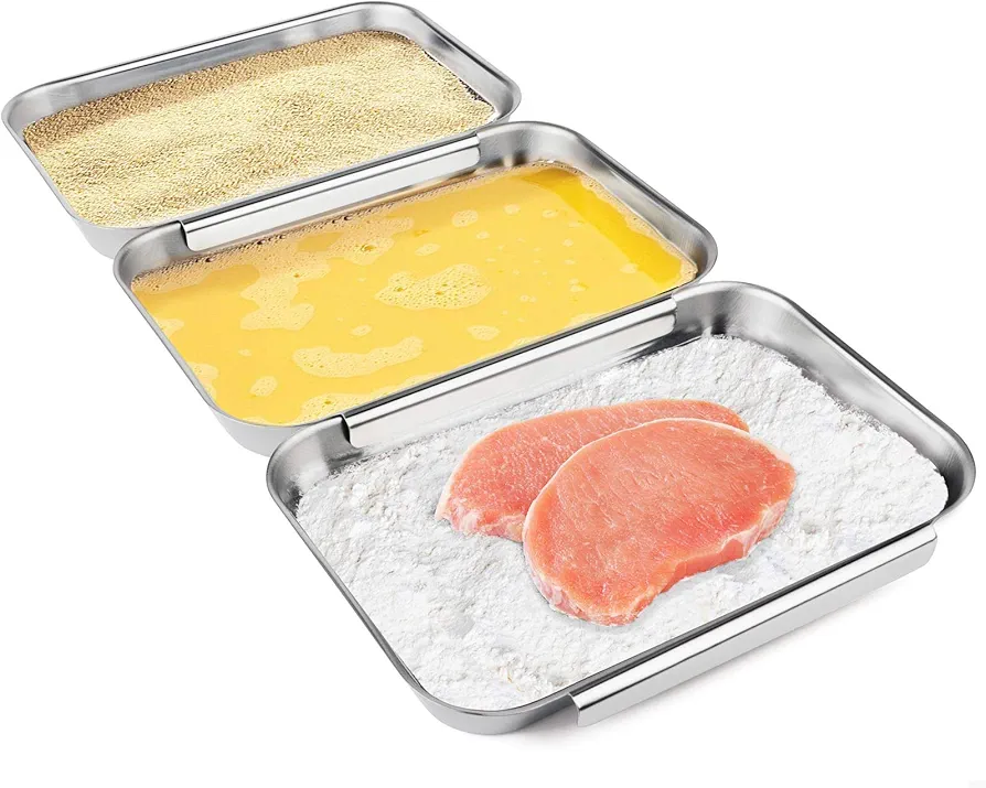 HULISEN Set of 3 Breading Pans, Stainless Steel Breading Set for Marinating Meat, Chicken, Fish, Food Prep Trays, Coating Trays Can Be Used to Baking Cake, Oven Safe