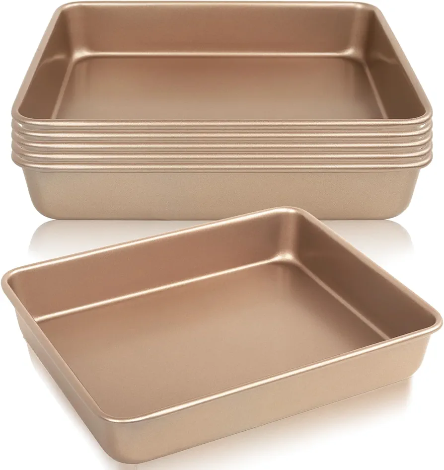 Set of 6 Nonstick Baking Pans, 11-Inch Rectangle Cake Sheets, Bread Loaf & Turkey Roasting Trays, Carbon Steel Bakeware, Pink Oven Baking Trays for Bread & Cake (Gold)