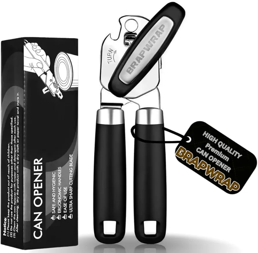 Can Opener Manual, Heavy Duty Stainless Steel Can Opener, Hand Held Can Opener With Soft Touch Handle, Multifunctional Easy Turn Knob Bottle Opener, Large Lid Openers, Black