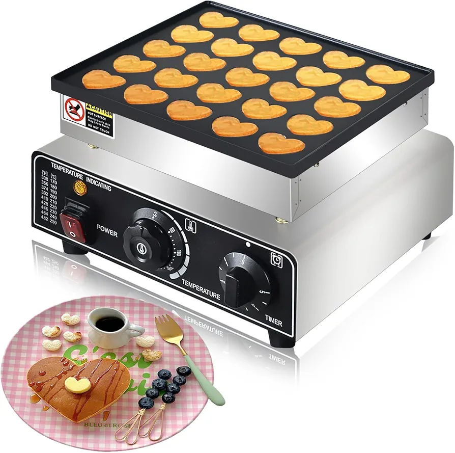 Mini Dutch Pancake Maker， Heart-Shaped Dutch Pancake Machine,25PCs 950W Mini Pancake Maker, 110V Proffertjes Muffin Waffle Maker for Kitchen Bakery Snack Bar