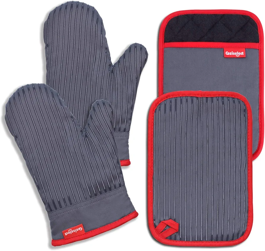 Oven Mitts and Pot Holders Set, Hot Pads for Kitchen Cooking Grill, 500℉ Heat Resistant Oven Mit, Pure Cotton and Terrycloth Lining, Heavy Duty Thick Oven Gloves Grey, 4-Piece Set