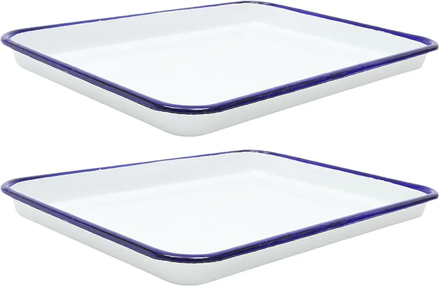 VOSAREA 2PCS Enamel Baking Pan Blue Rim White Enamel Baking Cookie Sheets Jellys Rolls Pan Enamel Baking Roasting Pan Bread Pan Rectangular Serving Tray For Kitchen 26x18cm