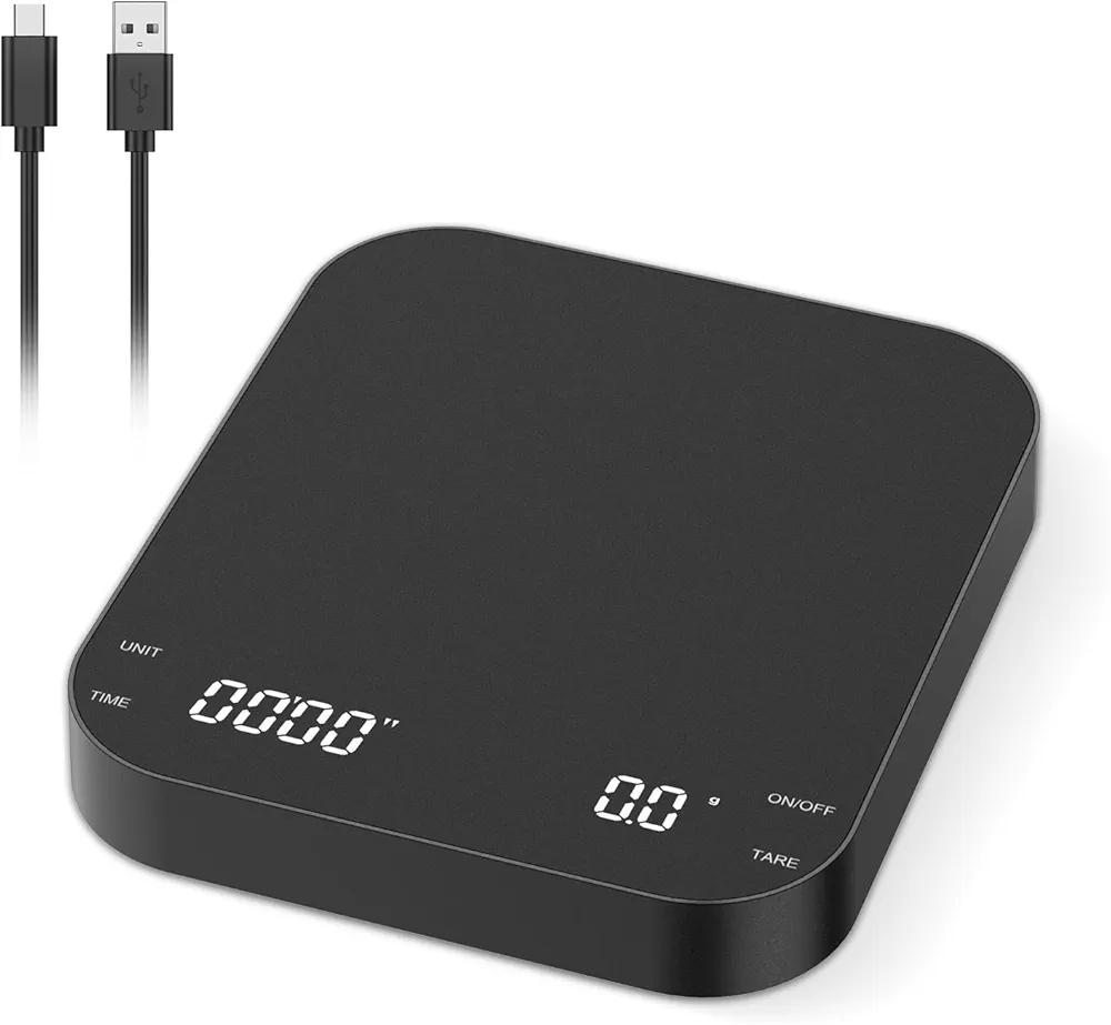 Coffee Scale with Timer, 3kg/0.1g Rechargeable Portable Coffee Scale, Digital Kitchen Scale, Multifunctional Food Scale, 3 Units, Tare, Auto Off, Black