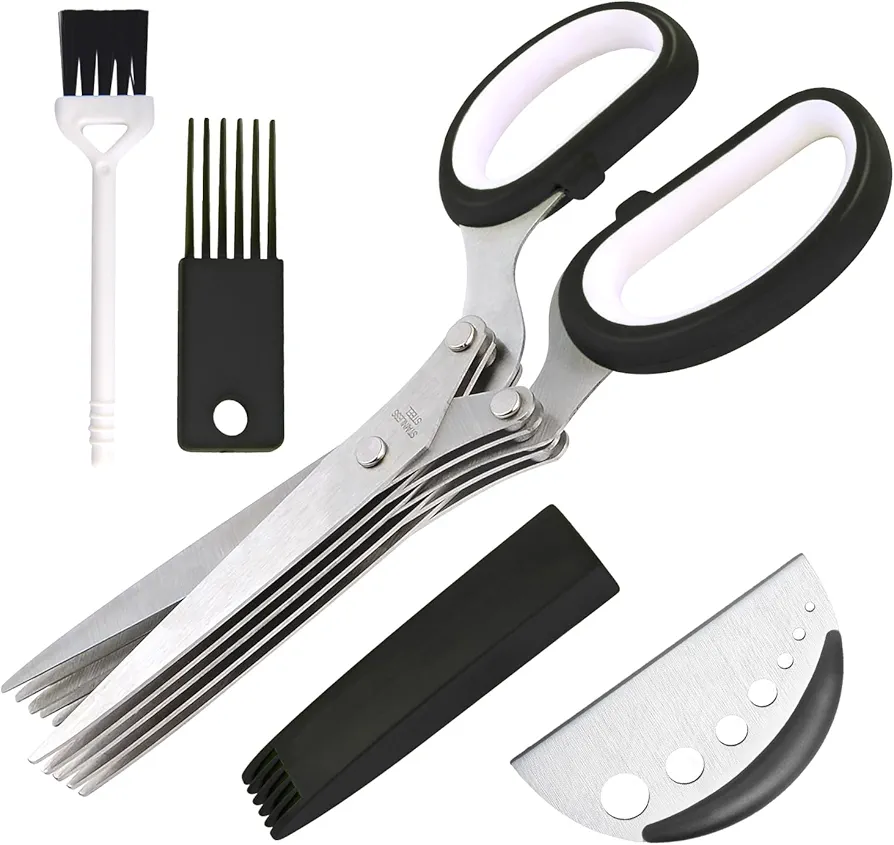 Kyoryuger Herb Scissors 5 Blade Kitchen Salad Scissors Set with Herb Stripper & Safety Cover & Cleaning Comb Stainless Steel Blade Kitchen Salad Scissors Black Kitchen Shears Kitchen Gadgets 2024