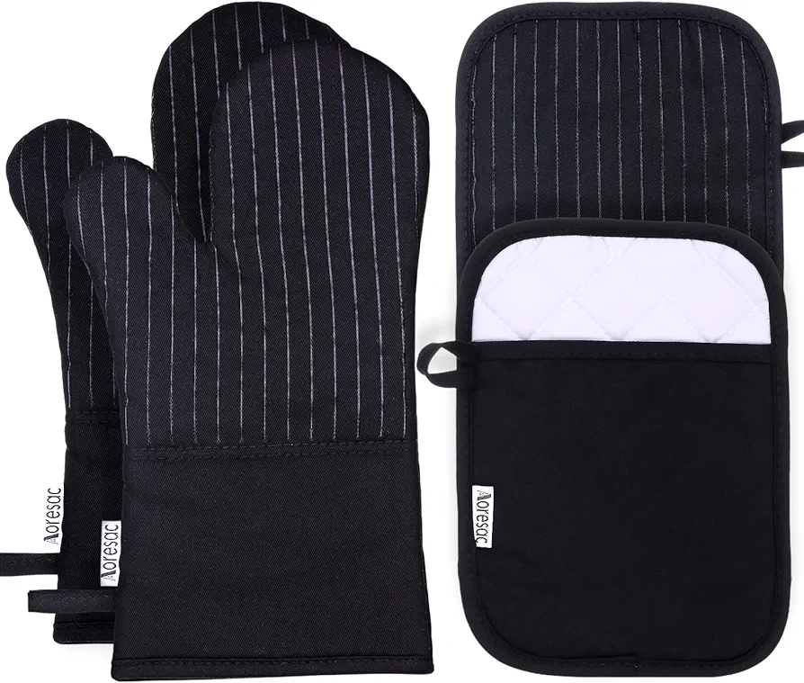AORESAC Oven Mitts and Pot Holders Set, 500°F Heat Resistance and Flexible Oven Gloves for Kitchen Cooking, Non-Slip Silicone Surface and Soft Quilted Liner, 4 Pieces Set, 13 Inches