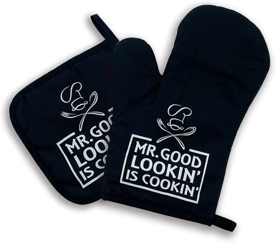 Mr.Good Lookin' is Cookin'，Oven Mitts and Pot Holders Sets of 2，Funny Oven Mitt，Birthday Gifts for Men,Great Birthday Gifts for Dad Boyfriend