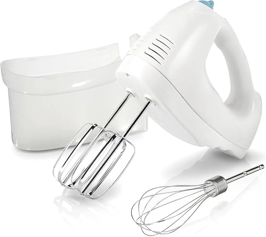 Electric Hand Mixer, 6-Speed, 250 Watts, Whisk, Beaters, Storage Case, White