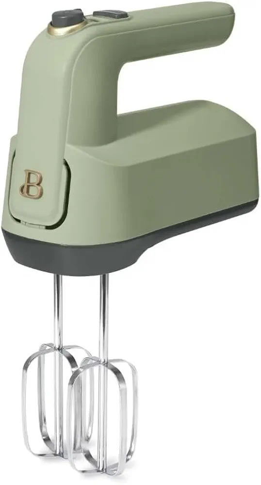 Beautiful 6-Speed Electric Hand Mixer with Turbo Function and Storage Case - Lightweight, Dishwasher Safe Parts, Corded Electric by Drew Barrymore (Sage Green)