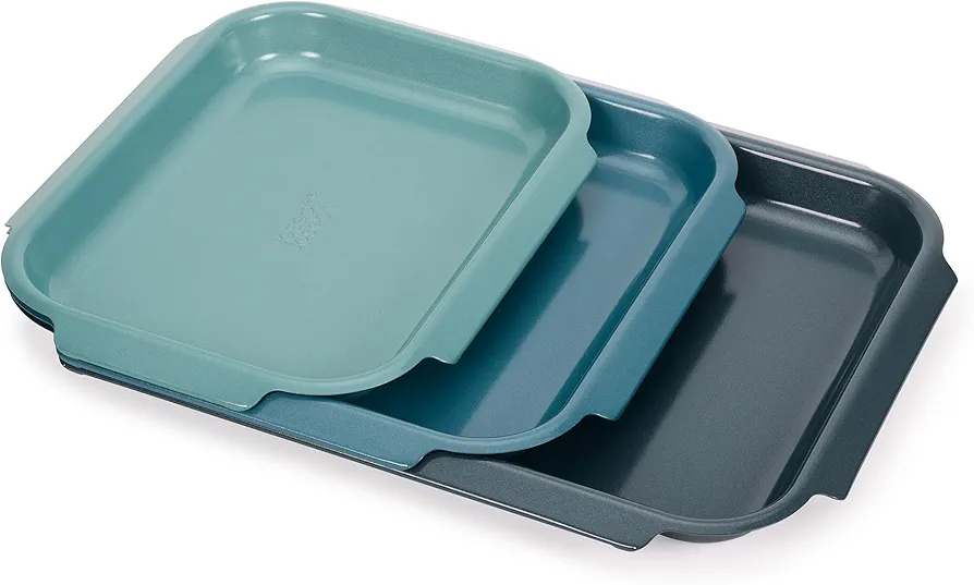 Joseph Joseph Nest™ Bake 3-Piece Non-Stick Baking Sheet Pan Set, Carbon Steel, Easy-Pull Handles, Stackable, Space-Saving Design, 10-Year Guarantee