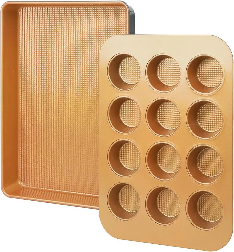 LUCYCAZ Non-Stick Half Sheet Cake Pan and Muffin Pan Set, Rectangle Copper Baking Pans Cookie Sheets Muffin Cupcake Pan Bakeware Set for Home Kitchen Muffin Bread Pan Heavy Duty, 2-Piece