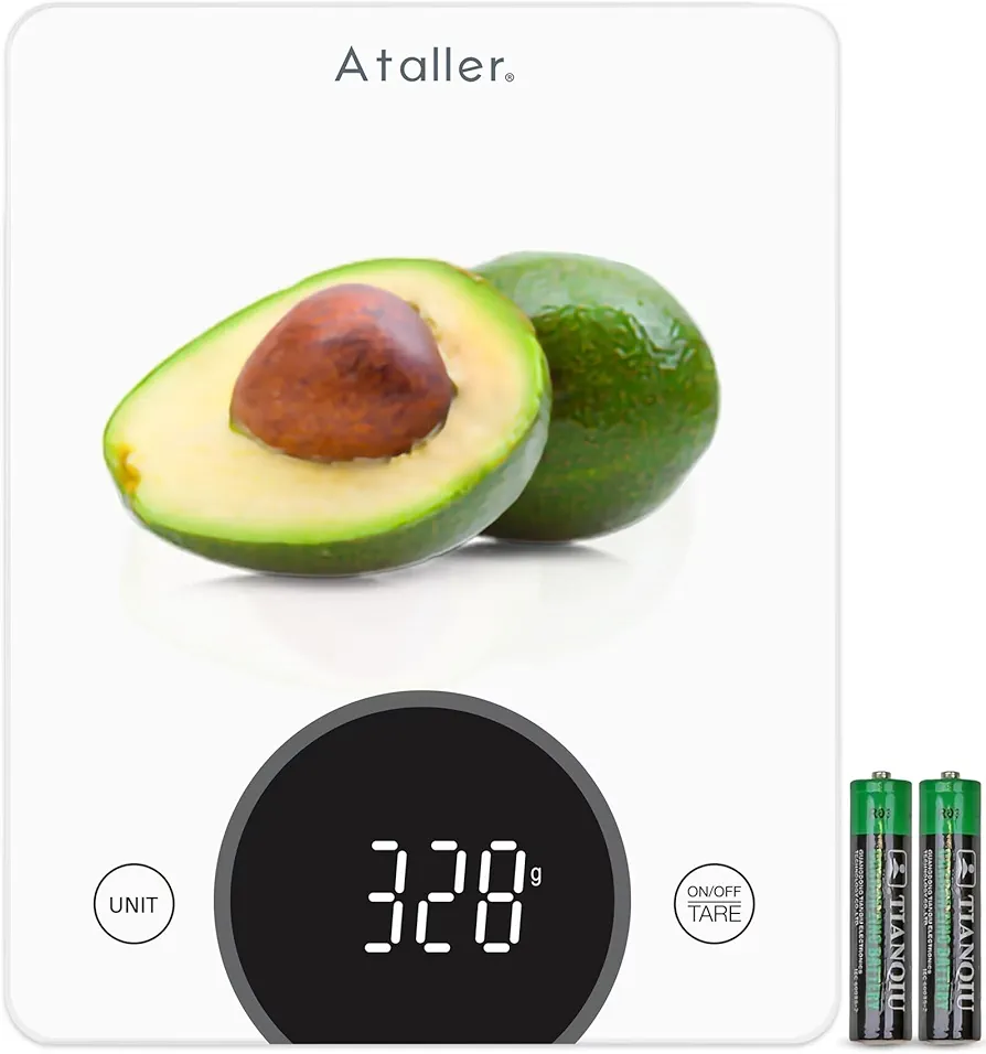 Ataller Digital Food Scale, Tempered Glass Panel, 10Kg/22lb Capacity, Kitchen Weighing Scales with LED Display and 1g Increments for Baking, Cooking, Keto and Meal Prep, White