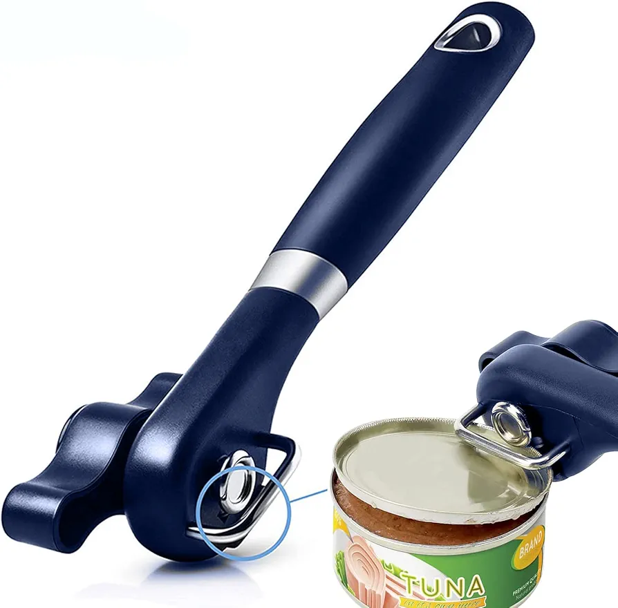 Safety Can Opener Smooth Edge, Side Cut Can Opener Manual with Durable Sharp Blade, Safe Cut Manual Can Opener with Non-Slip Rubber Knob, Safety Can Opener for Seniors with Arthritis (Navy Blue)
