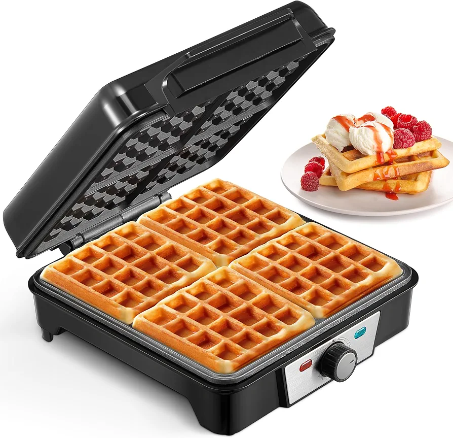 4-Slice Belgian Waffle Maker, 3 Browning Levels with Nonstick Square Waffler Iron Plates, 1200 Watts, Compact Design for Easy Storage, Stainless Steel/Black, 120V