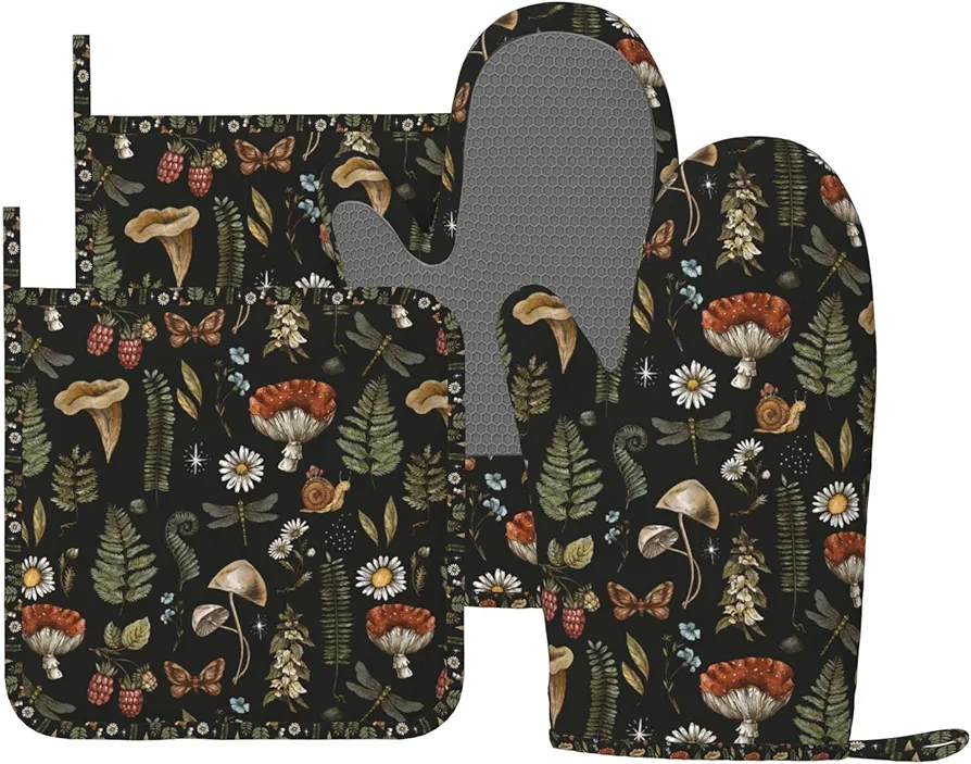 Mushroom Oven Mitts Pot Holders Set Silicone Vintage Magic Leaf Kitchen Gloves Potholders Heat Resistant for Chef Baking Cooking Grilling BBQ 4 Pack Mitt