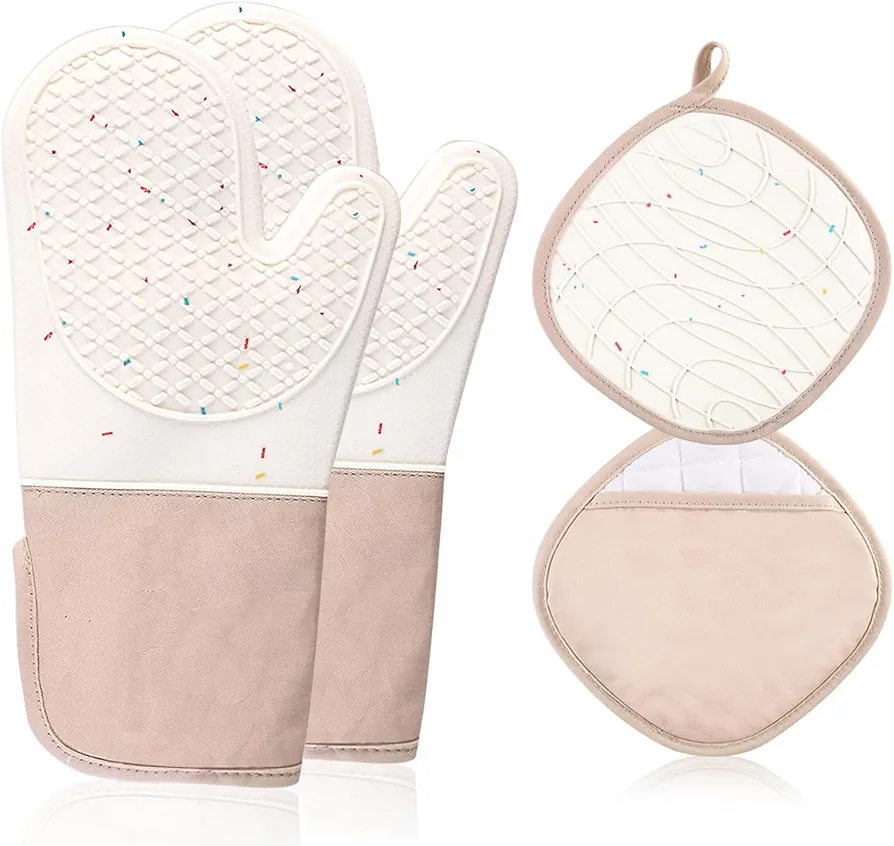 Oven Mitts and Pot Holders 4pcs Sets for Kitchen, Silicone Non-Slip Thick Long Oven Mitts for Cooking and Baking,Waterproof Non-Slip Grip Oven Glove,Kitchen Potholder Mits