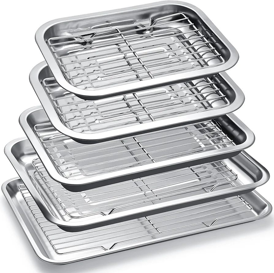 5 Set 10 Pack Baking Sheet Pan with Rack Set 17/16/12/10/9 Inch Stainless Steel 5 Size Cookie Sheets with Cooling Rack for Baking Resistant Nonstick for Cooking Roasting Home Indoor Kitchen