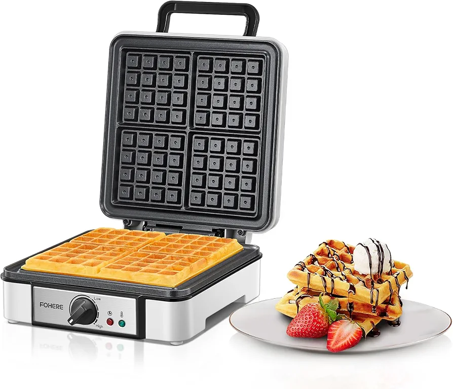 FOHERE Belgian Waffle Maker 4 Slices, 1200W Square Waffle Iron, 5 Browning Levels, Nonstick Plates, Cool-touch Handle, Anti-scald, Anti-overflow, Indicator Lights, Recipe, White