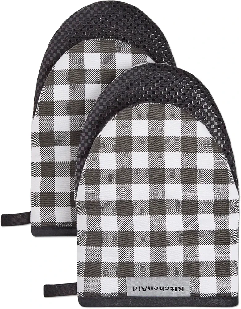 KitchenAid Gingham Mini Oven Mitt 2-Pack Set, Onyx Black, 5.5"x8"