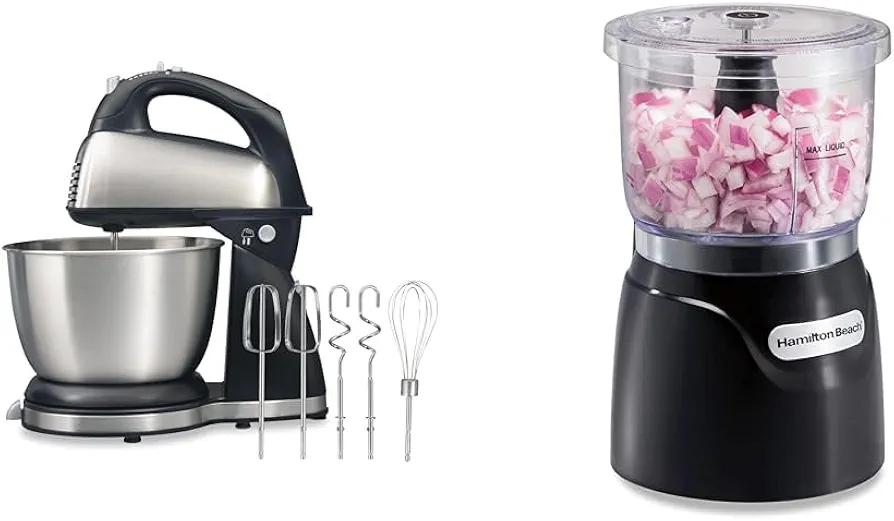 Hamilton Beach Classic Stand and Hand Mixer, 4 Quarts, 6 Speeds with QuickBurst, Bowl Rest & Electric Vegetable Chopper & Mini Food Processor, 3-Cup, 350 Watts