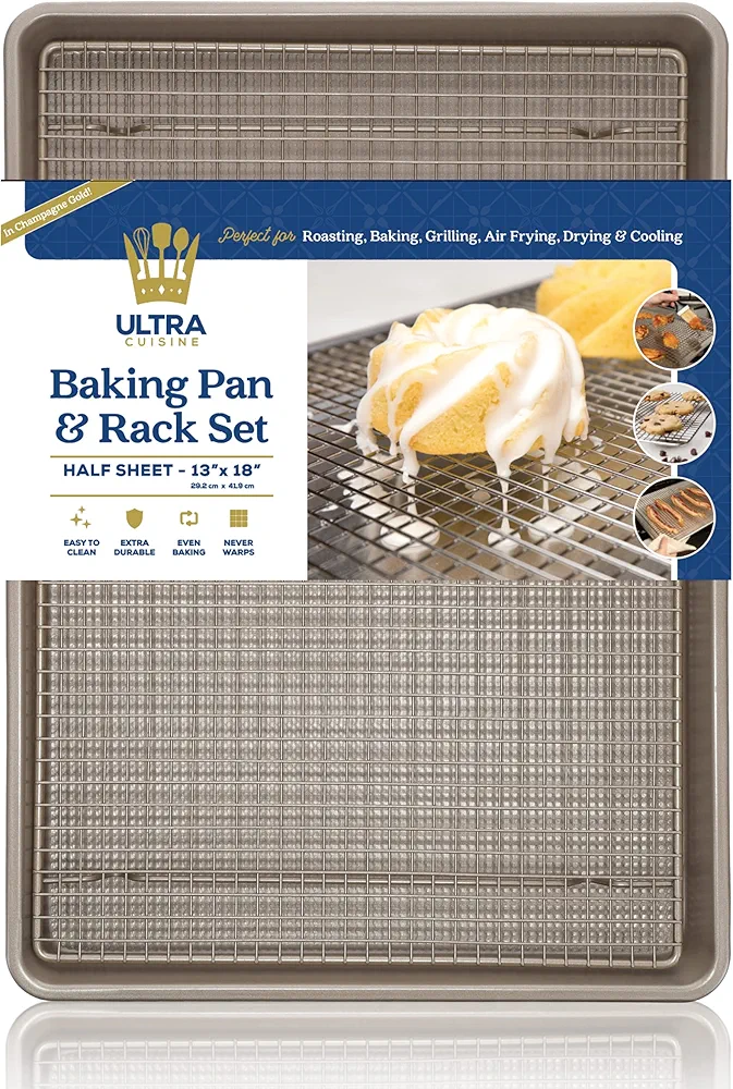 Wire Rack Baking Sheet Pan Set by Ultra Cuisine - Baking Sheet with Rack - Half Sheet Pan Rack Stainless - Baking Trays - Half Sheet Pans and Oven Rack Set - Champagne Sheet Pans for Baking with Rack