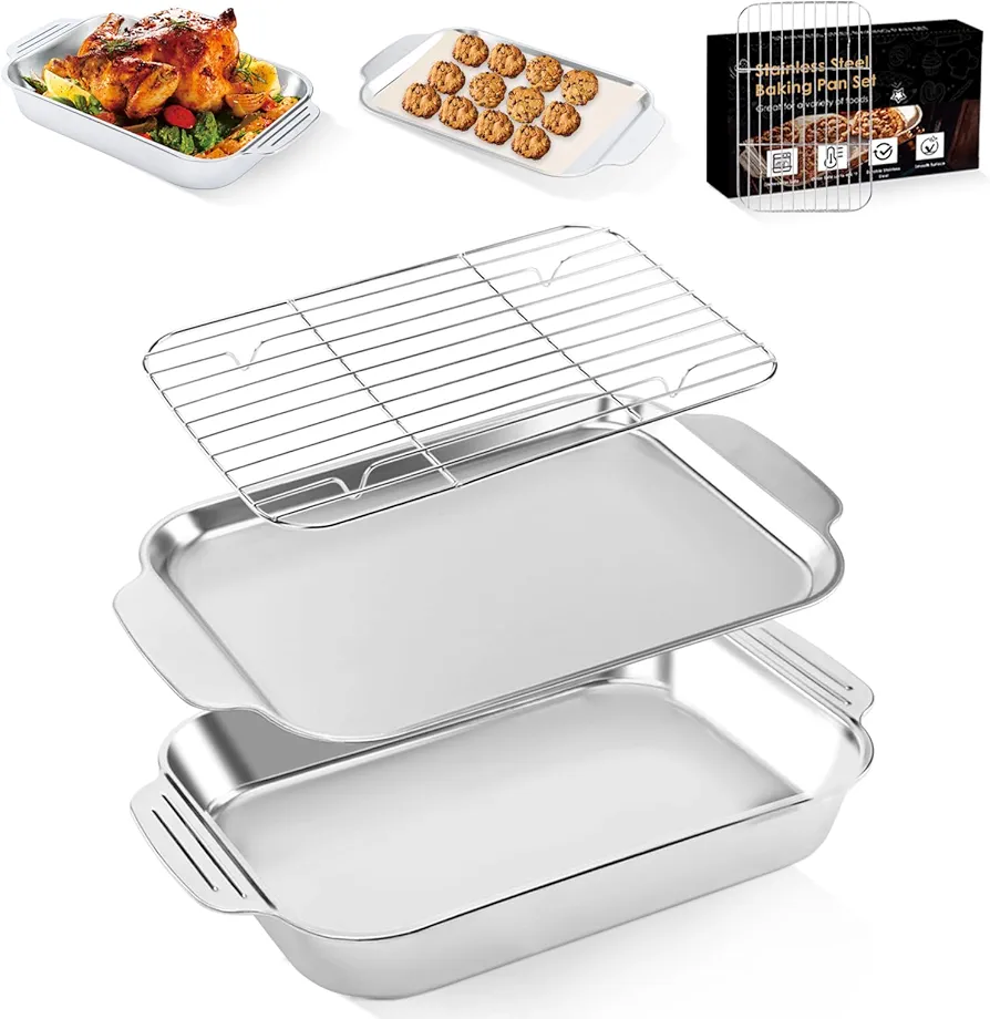 Baking Pans Set with Rack: 3 PCS Stainless Steel Baking Sheets Set, Wide Handle Kitchen Bakeware Baking Pans for Cookie, Cake, 16 x 9.6 Inch Deep Lasagna Pan Roasting Tray, Dishwasher Safe